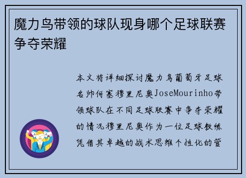 魔力鸟带领的球队现身哪个足球联赛争夺荣耀